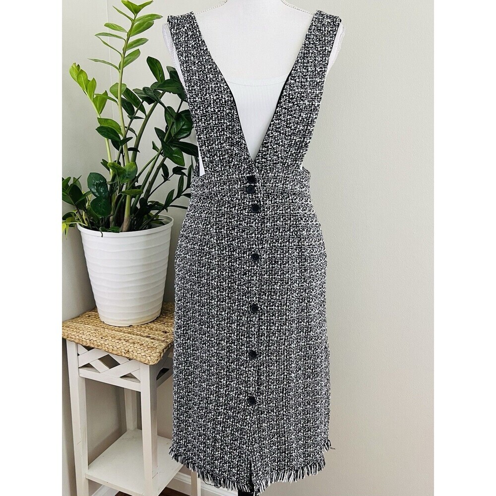 Bohme Tweed Jumper Dress Button Up V-Neck Fringed Hem Pinafore Retro Pinup Small